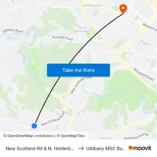 New Scotland Rd & N. Helderberg Pkwy to UAlbany MSC Building map