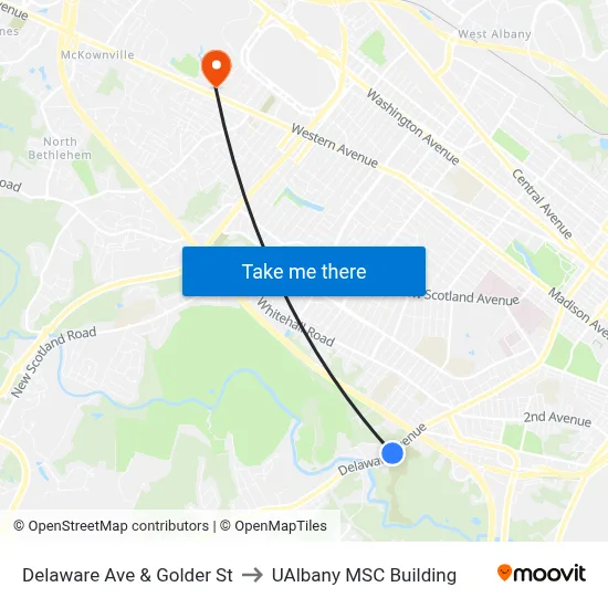 Delaware Ave & Golder St to UAlbany MSC Building map