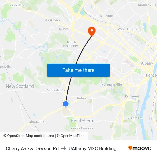 Cherry Ave & Dawson Rd to UAlbany MSC Building map