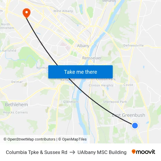 Columbia Tpke & Sussex Rd to UAlbany MSC Building map
