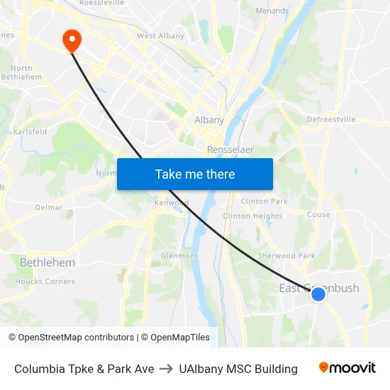 Columbia Tpke & Park Ave to UAlbany MSC Building map