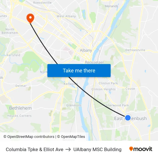 Columbia Tpke & Elliot Ave to UAlbany MSC Building map