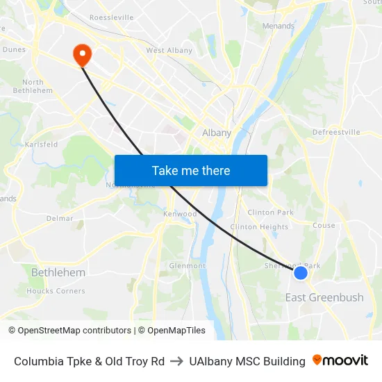 Columbia Tpke & Old Troy Rd to UAlbany MSC Building map
