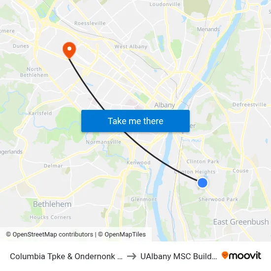 Columbia Tpke & Ondernonk Ave to UAlbany MSC Building map