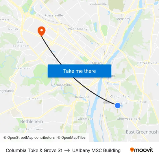 Columbia Tpke & Grove St to UAlbany MSC Building map