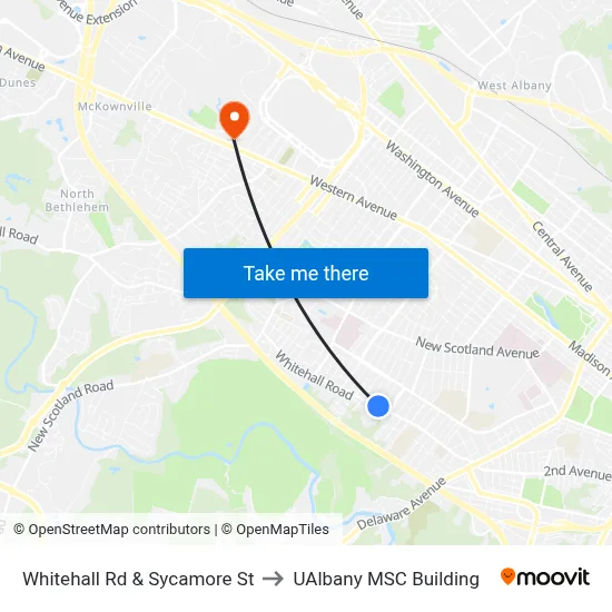Whitehall Rd & Sycamore St to UAlbany MSC Building map