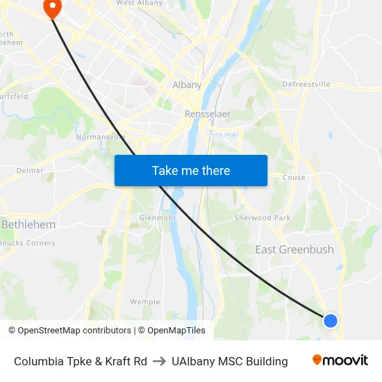 Columbia Tpke & Kraft Rd to UAlbany MSC Building map