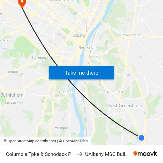 Columbia Tpke & Schodack Plaza to UAlbany MSC Building map