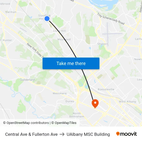 Central Ave & Fullerton Ave to UAlbany MSC Building map