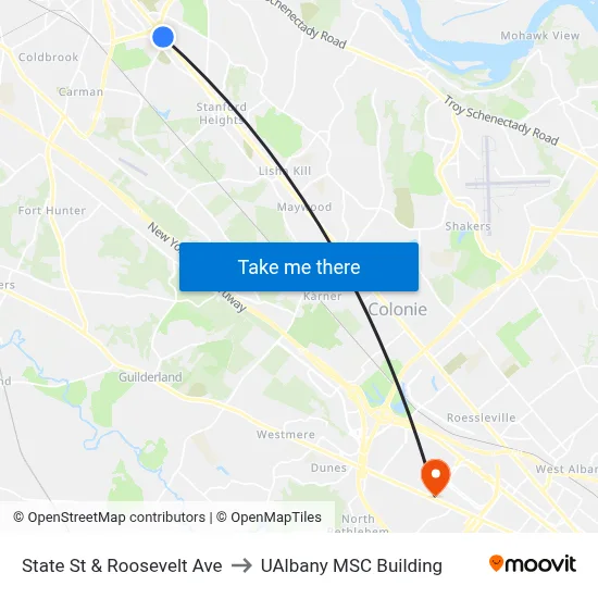 State St & Roosevelt Ave to UAlbany MSC Building map