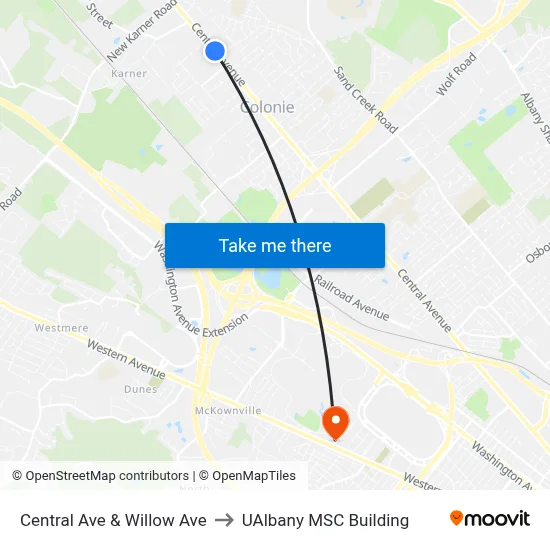 Central Ave & Willow Ave to UAlbany MSC Building map
