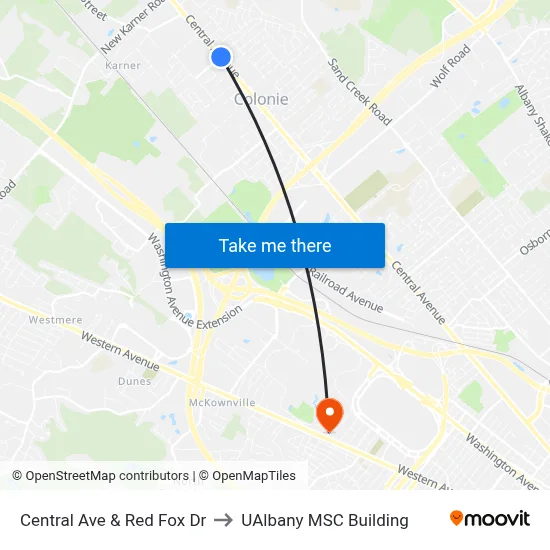 Central Ave & Red Fox Dr to UAlbany MSC Building map