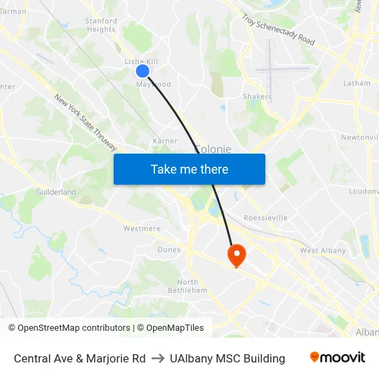 Central Ave & Marjorie Rd to UAlbany MSC Building map