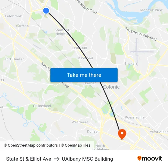 State St & Elliot Ave to UAlbany MSC Building map