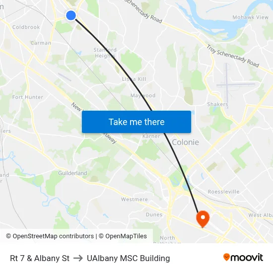 Rt 7 & Albany St to UAlbany MSC Building map