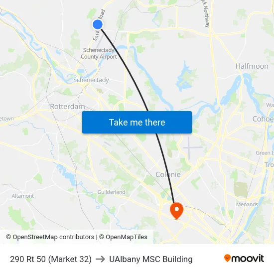 290 Rt 50 (Market 32) to UAlbany MSC Building map