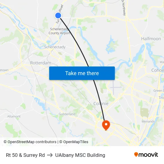 Rt 50 & Surrey Rd to UAlbany MSC Building map