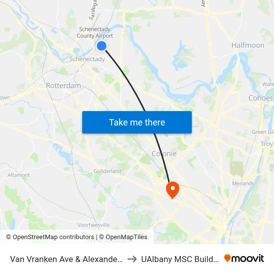 Van Vranken Ave & Alexander St to UAlbany MSC Building map