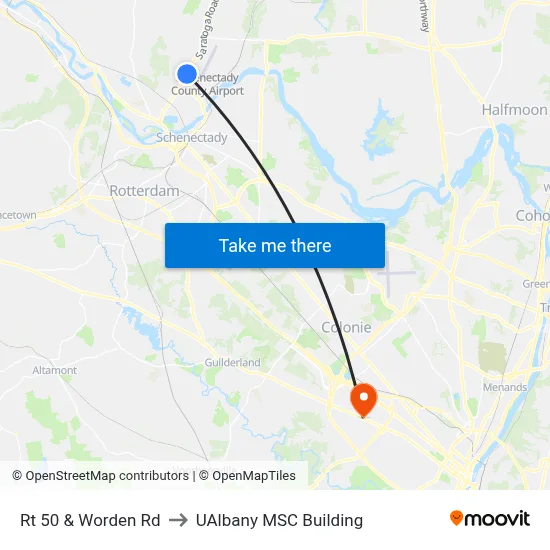 Rt 50 & Worden Rd to UAlbany MSC Building map