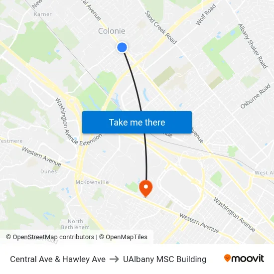 Central Ave & Hawley Ave to UAlbany MSC Building map