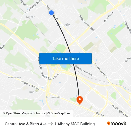 Central Ave & Birch Ave to UAlbany MSC Building map
