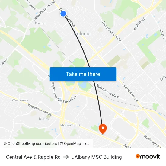 Central Ave & Rapple Rd to UAlbany MSC Building map