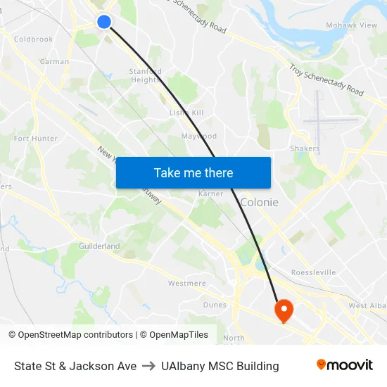 State St & Jackson Ave to UAlbany MSC Building map