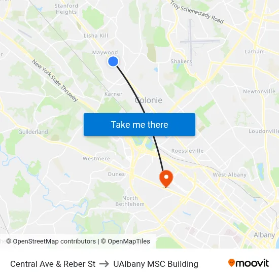Central Ave & Reber St to UAlbany MSC Building map