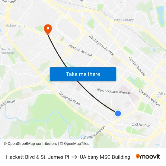 Hackett Blvd & St. James Pl to UAlbany MSC Building map