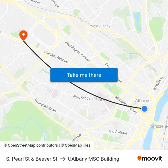 S. Pearl St & Beaver St to UAlbany MSC Building map