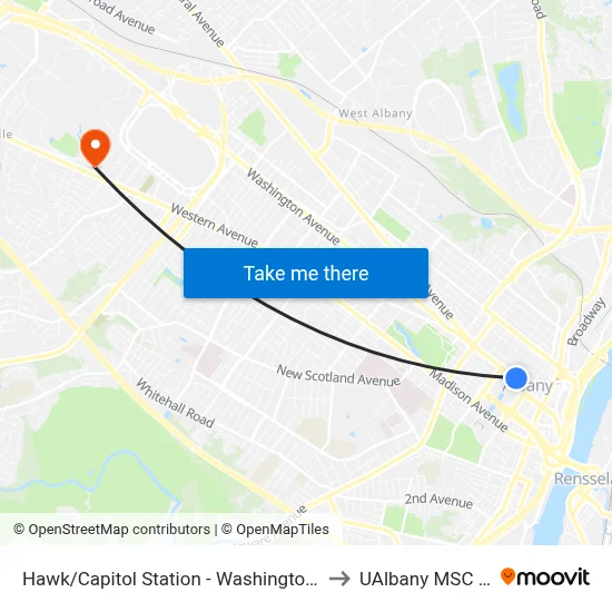 Hawk/Capitol Station - Washington Ave & Hawk St to UAlbany MSC Building map