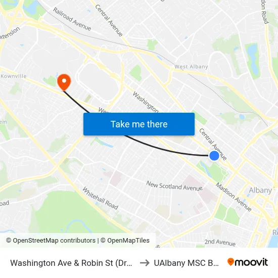 Washington Ave & Robin St (Draper Hall) to UAlbany MSC Building map