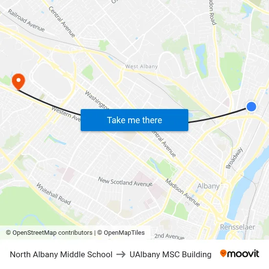 North Albany Middle School to UAlbany MSC Building map