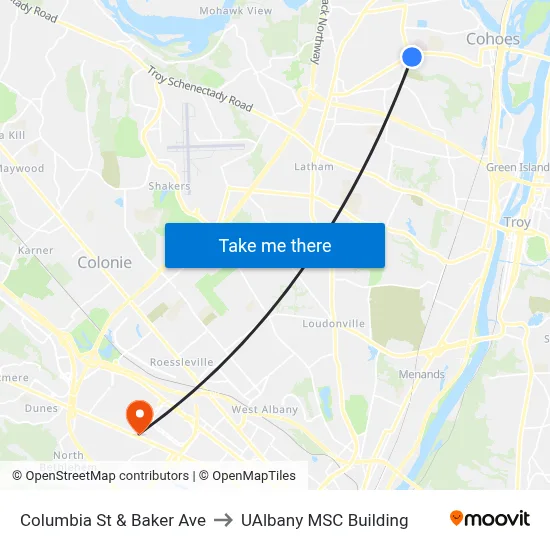 Columbia St & Baker Ave to UAlbany MSC Building map