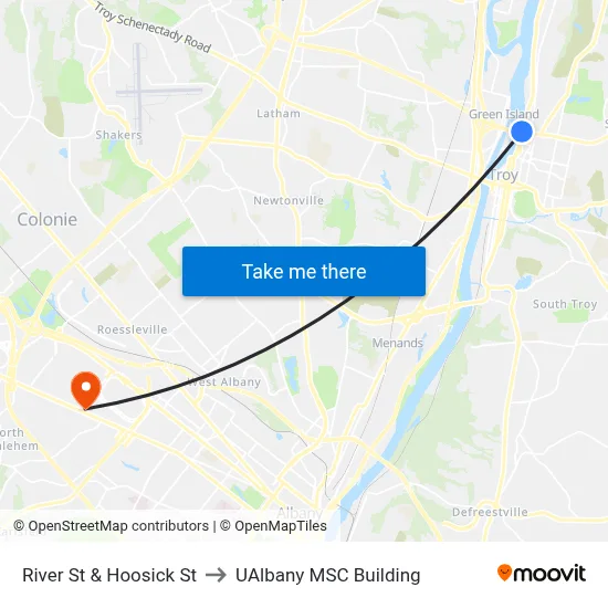 River St & Hoosick St to UAlbany MSC Building map