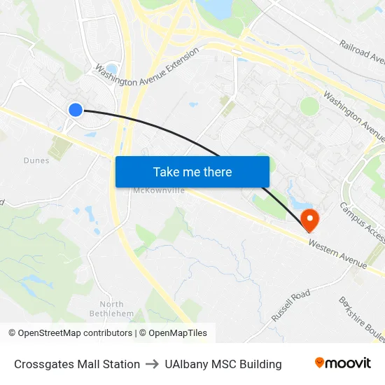 Crossgates Mall Station to UAlbany MSC Building map