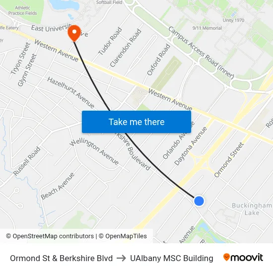 Ormond St & Berkshire Blvd to UAlbany MSC Building map