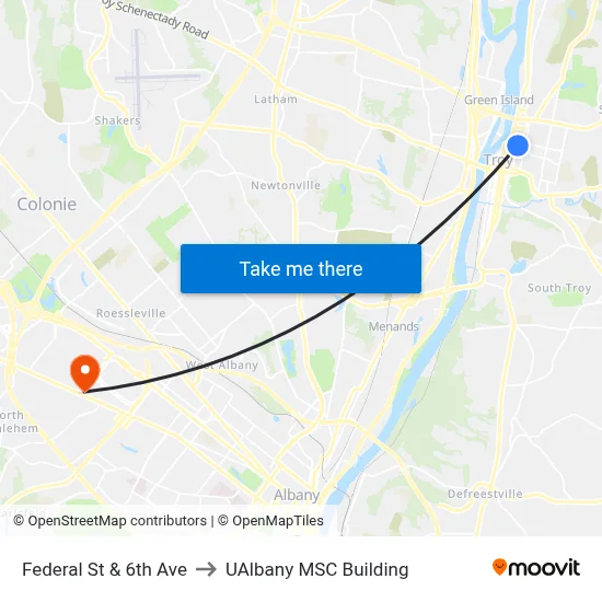 Federal St & 6th Ave to UAlbany MSC Building map