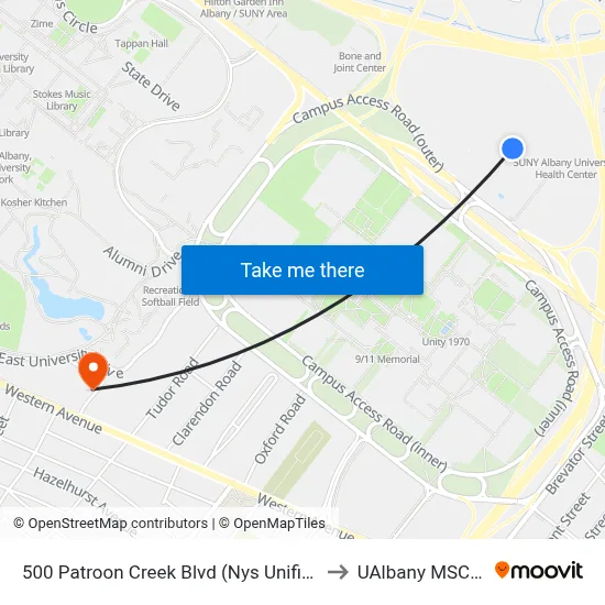 500 Patroon Creek Blvd (Nys Unified Court System) to UAlbany MSC Building map