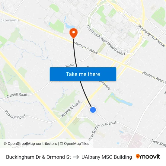 Buckingham Dr & Ormond St to UAlbany MSC Building map