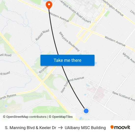 S. Manning Blvd & Keeler Dr to UAlbany MSC Building map