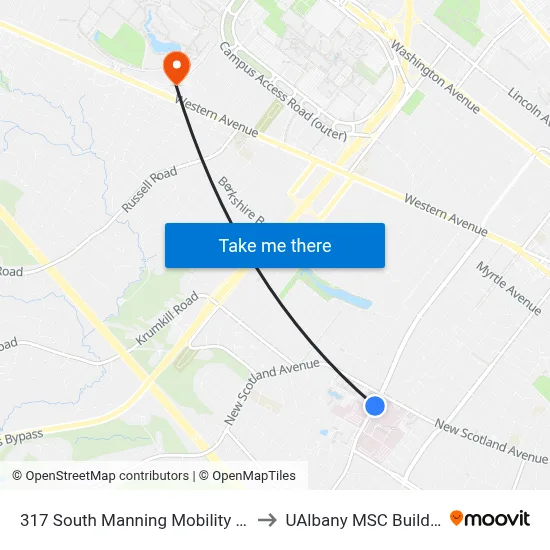 317 South Manning Mobility Hub to UAlbany MSC Building map