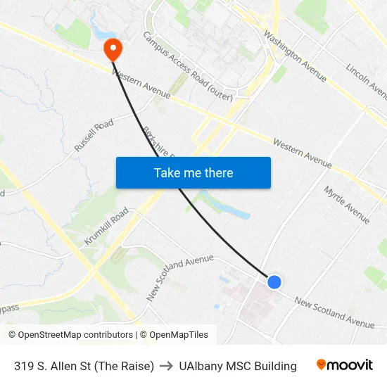 319 S. Allen St (The Raise) to UAlbany MSC Building map