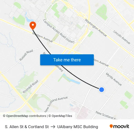 S. Allen St & Cortland St to UAlbany MSC Building map