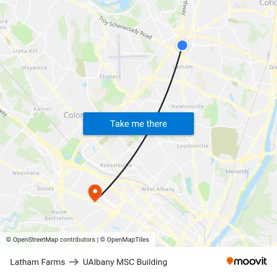 Latham Farms to UAlbany MSC Building map