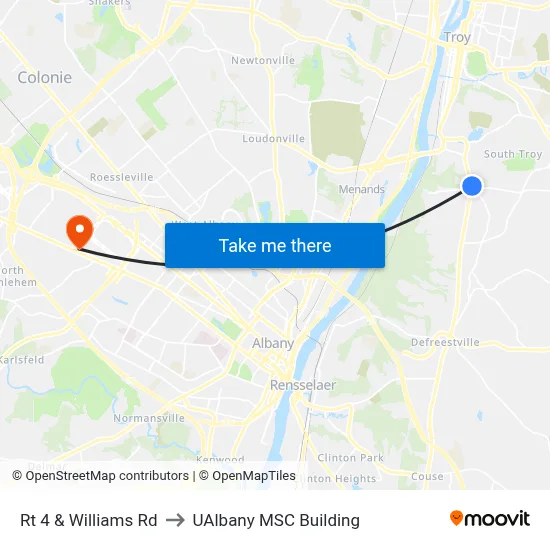 Rt 4 & Williams Rd to UAlbany MSC Building map