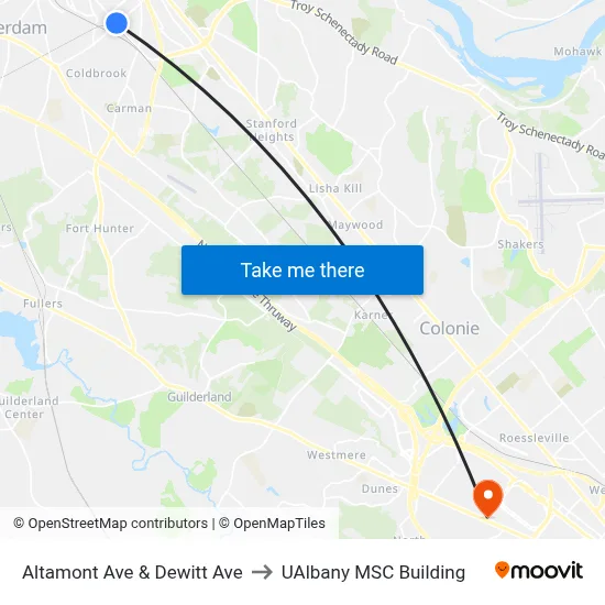 Altamont Ave & Dewitt Ave to UAlbany MSC Building map