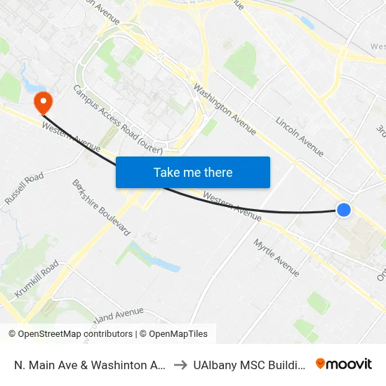 N. Main Ave & Washinton Ave to UAlbany MSC Building map