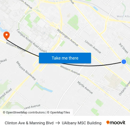 Clinton Ave & Manning Blvd to UAlbany MSC Building map