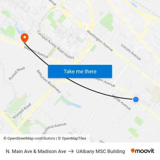 N. Main Ave & Madison Ave to UAlbany MSC Building map